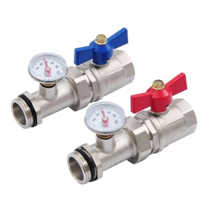 GIDRO FORCE GFS515N0010 Кран шаровый прям 1" внутренняя - наружняя резьба, с полусгоном, прокладкой и термометром, пара красная и синяя бабочка, никель