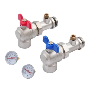 GIDRO FORCE GFL517N0010 Кран шаровый угловой, 1" внутренняя - наружняя резьба, с полусгоном, проклададкой и термометром, пара красная и синяя бабочка, никель фото в интернет-магазине SMARTGRP